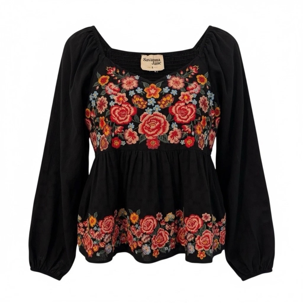 Savanna Jane Black Top with Vibrant Floral Embroidery